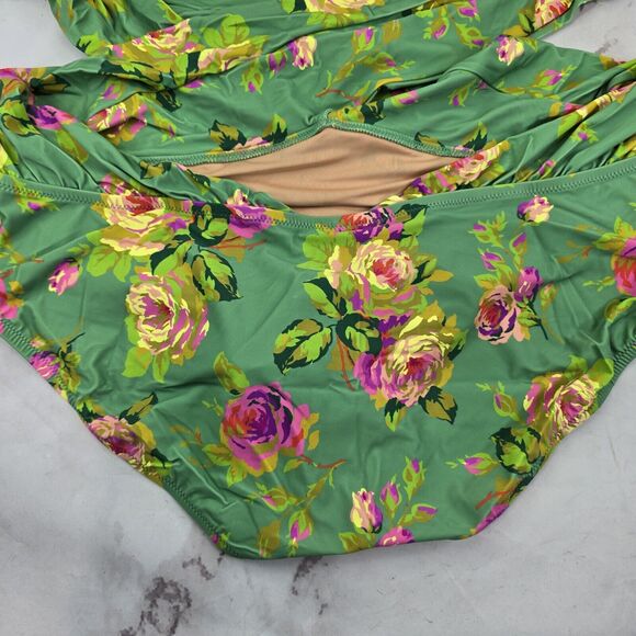 J Crew One Piece Green Criss Cross Cut Out Green Bikini Swim Suit Floral - Picture 7 of 14